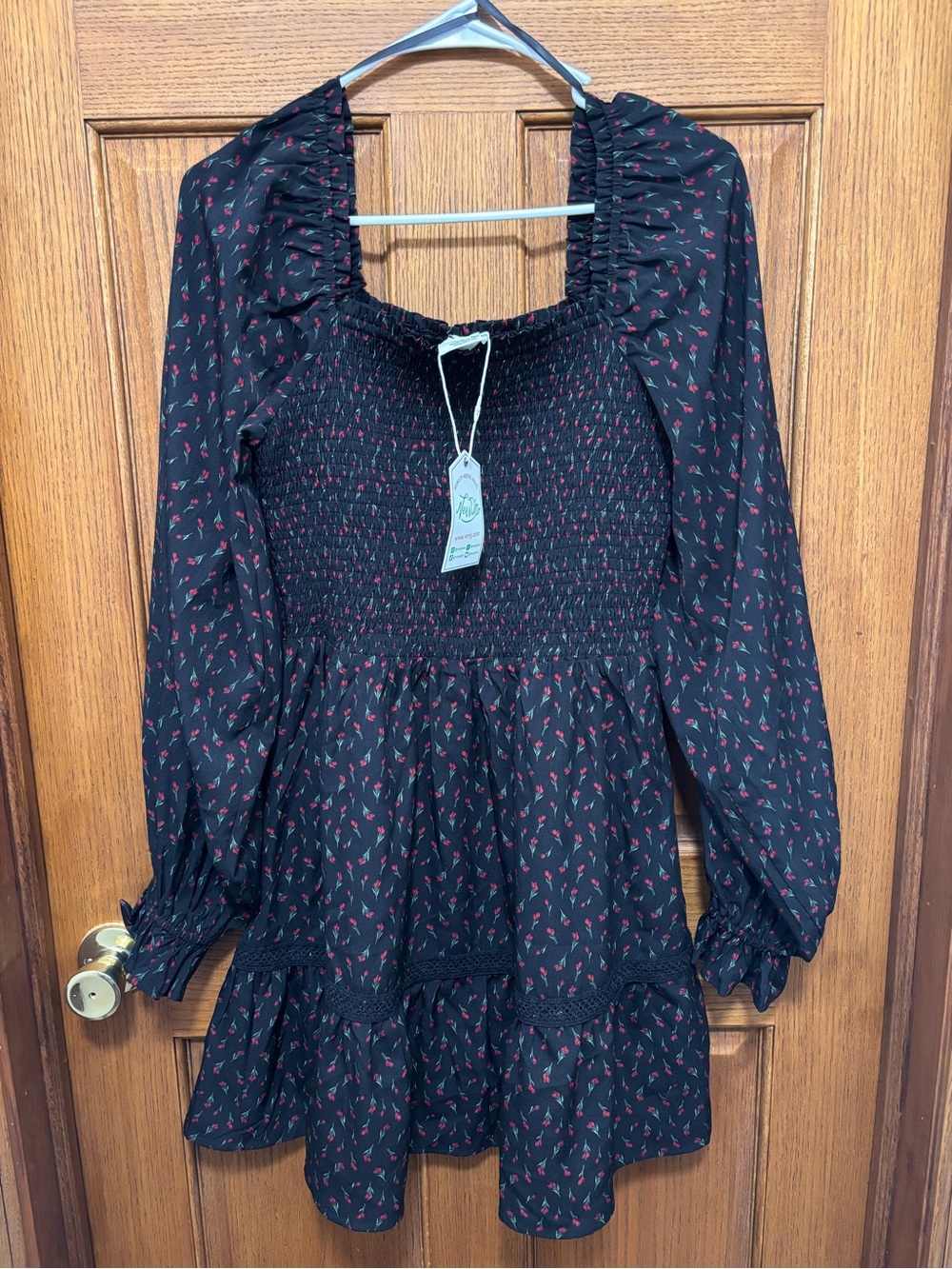 Smocked Black Long-Sleeve Mini Dress with Red Floral. Sz S. NWT